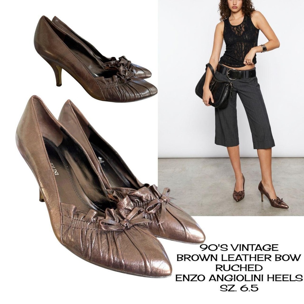 90s Enzo Angiolini Bronze Brown Metallic Leather Ruched Bow Heels Size 6.5